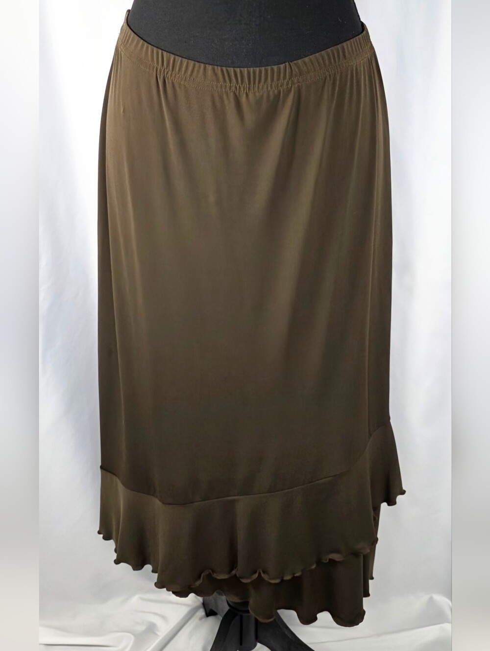 BCBG New York Brown Asymmetrical Ruffle Hem Stretch Maxi Skirt Women M